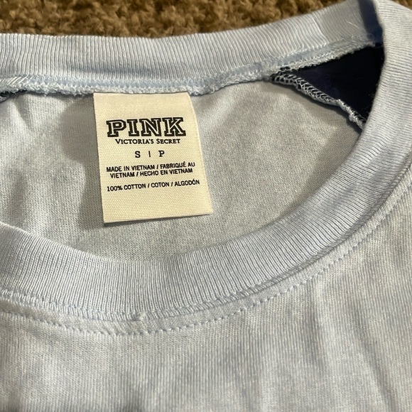 Ladies “PINK” long sleeve sequin accent top. Light blue w/navy sleeves Sz Small - Picture 10 of 11